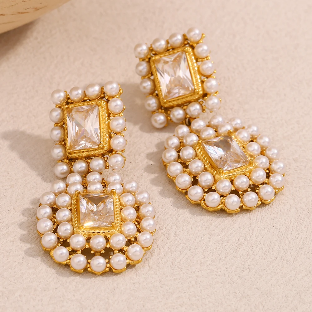 E.B.belle Fashion 18K Gold Plated Luxury Spliced Square Zircon Full Pearl Stud Earrings Women Party Chic Jewelry Non Tarnished