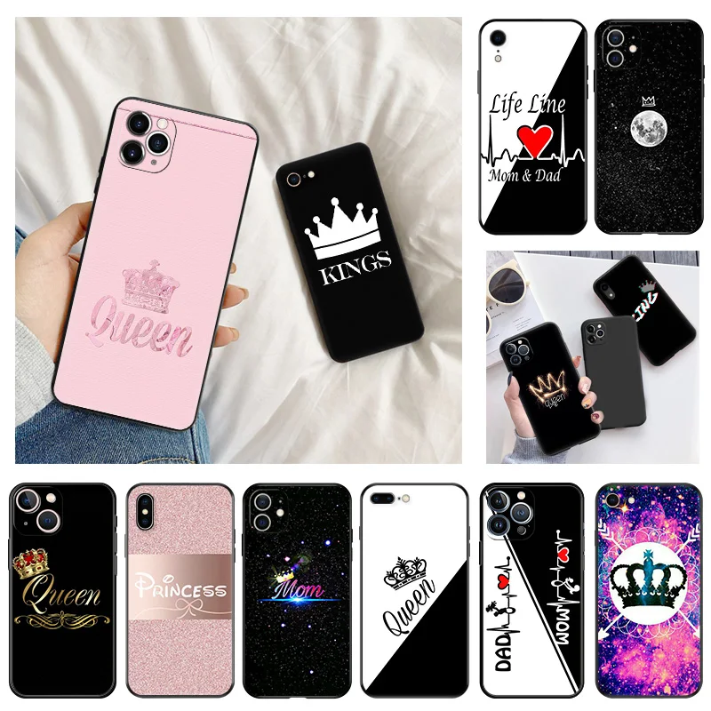 Phone Case for Apple iphone 16 Pro 15 12 11 13 Mini 14 Plus SE XR X XS Max Queen King Crown Princess Soft Black Anti-Drop Cover