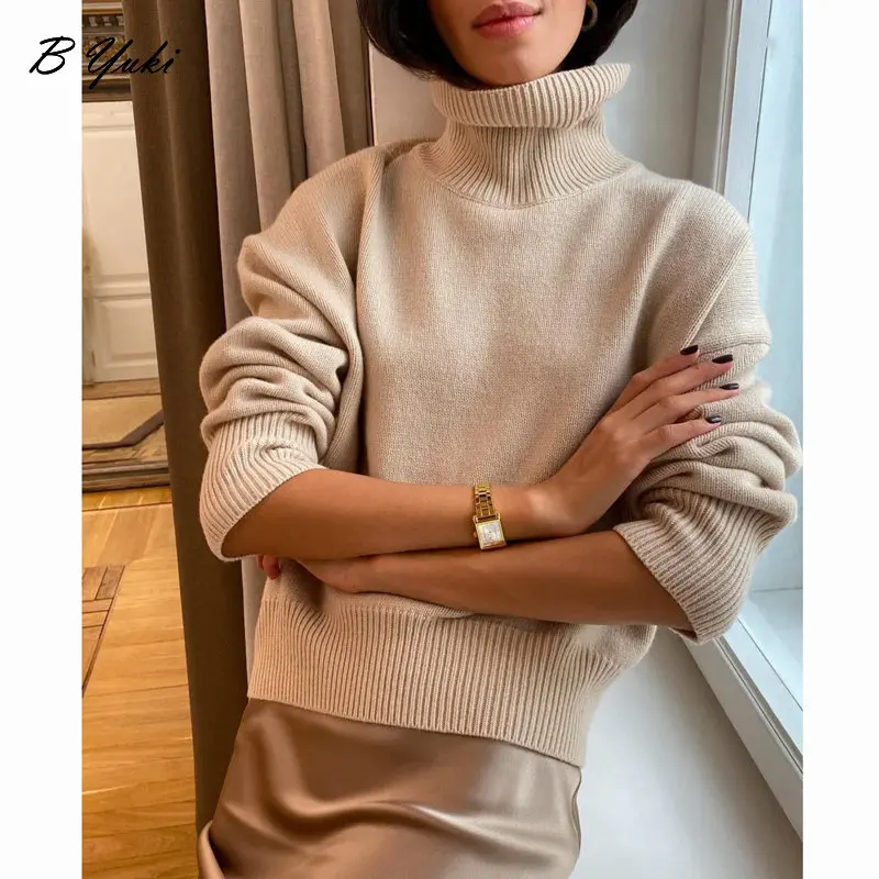 Blessyuki maglione lavorato a maglia a collo alto in Cashmere sciolto donna autunno inverno addensare Pullover di base caldo maglione semplice