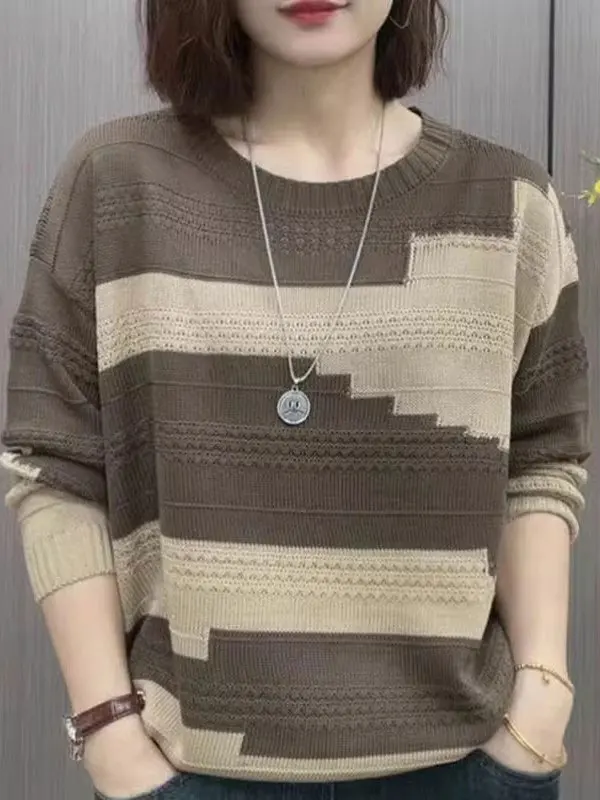 Color Block Knitwear round Neck Casual Style Women's Fashionable Slimming Top Korean Version Autumn New Arrival Versatile