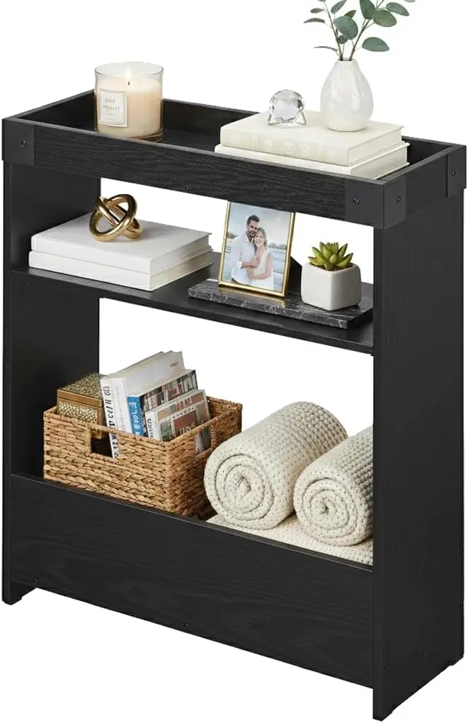 

Narrow Side Table with Tray Top & Magazine Rack, 24" H Slim End Table with Storage Shelf for Small Spaces, Modern Nightstand for