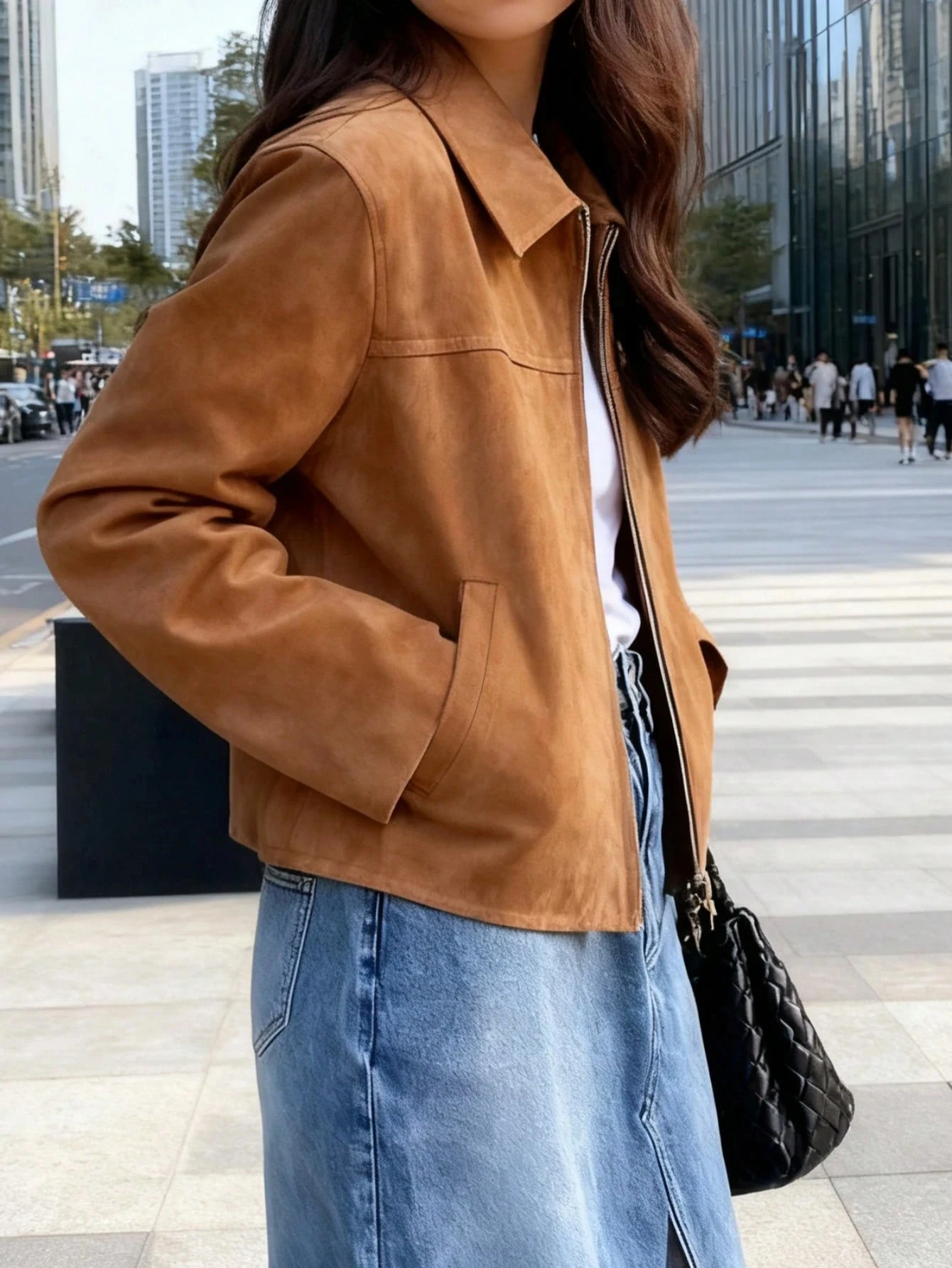 سترة نسائية قصيرة من جلد الغزال الصناعي مع سحاب وطية صدر السترة كاجوال ملابس الشارع لموسم الخريف والشتاء #5