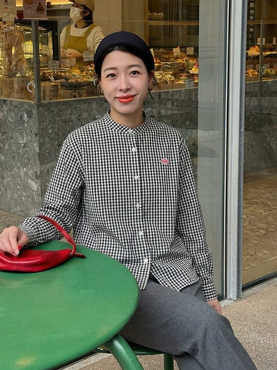 

Bebe Japanese Style Pure Cotton Plaid Shirt Jacket Women's Casual Long Sleeve Open Cardigan Top Spring Season Breathable