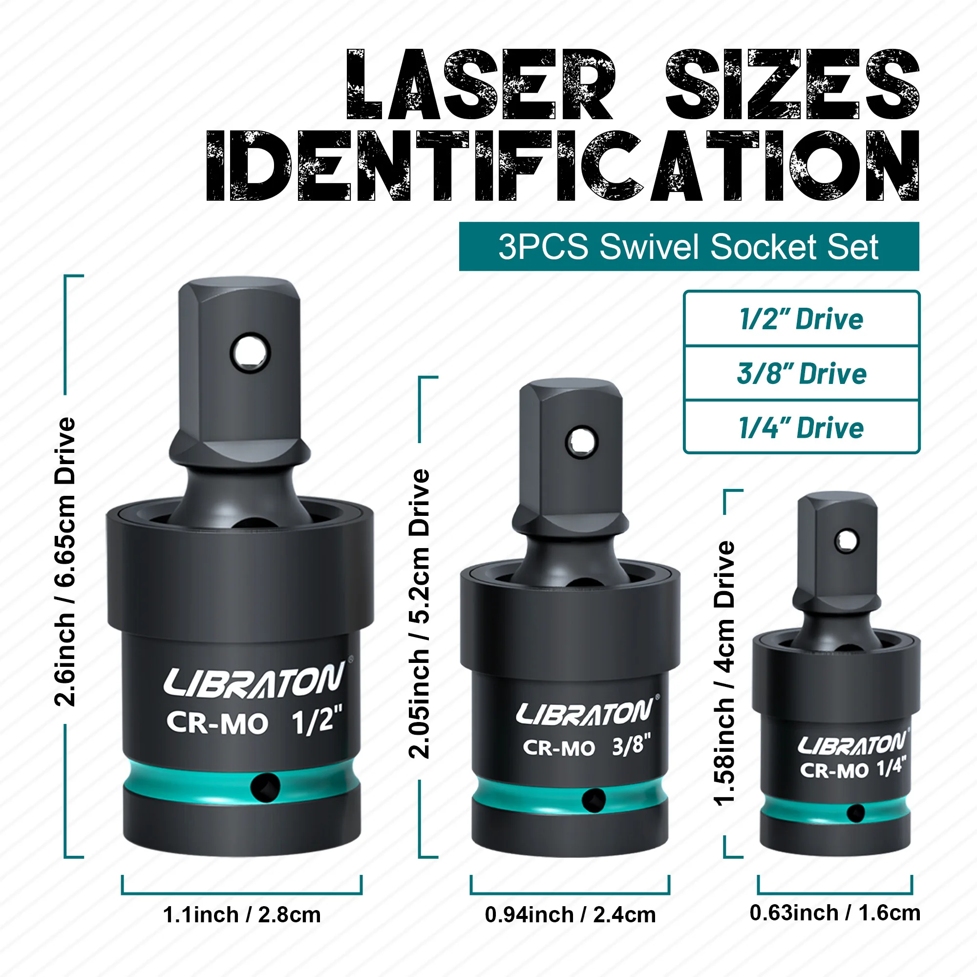 3 قطعة مجموعة مقابس دوارة تمايل المقبس تأثير قطب مجموعة مقابس العالمي المشترك المقبس 1/4 "3/8" 1/2 "Cr-Mo الصلب محرك مجموعة 360 ° #2