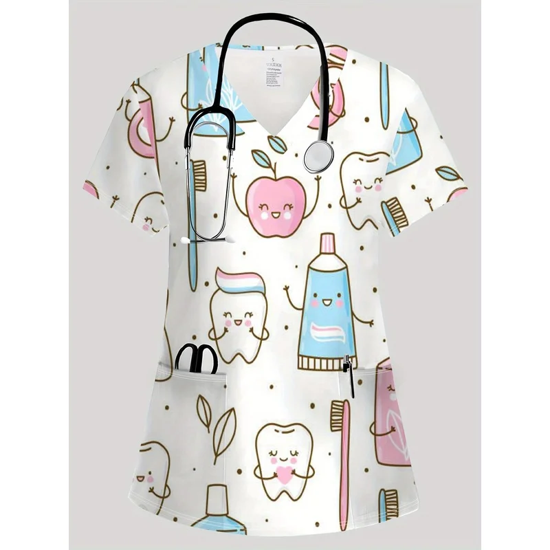 VCollarTT-shirt with vivid print design and pockets Comfortable and elastic fabric for doctor and nurse uniforms