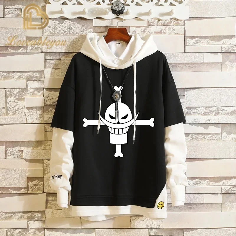 Anime One Piece Luffy Ace Sportswear Sweatshirts Top Fake Two Piece Cosplay Costumes Hoodie Women Men