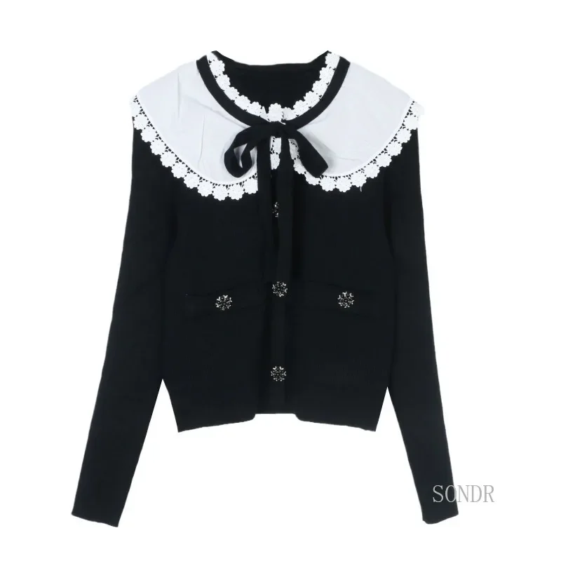 Black Knitted Cardigan with White Doll Collar Tie Crystal Buttons 2024 New Women Cardigan Kawaii Sweater Mujer Knitted Top