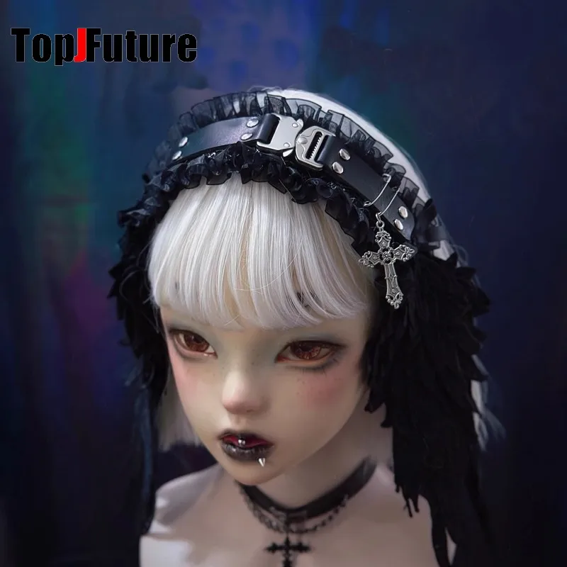 

Subculture Y2K Spicy Girl Handmade Leather Metal Buckle Angel Wings Headband Hairband Dark Gothic Lolita Women's Hair Accessory