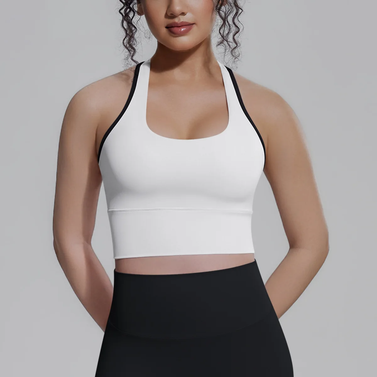 Women's Padded Scoop Neck Longline Sports Bra Racerback High Impact Solid Color Slim Workout Gym Running Fitness Yoga Activewear