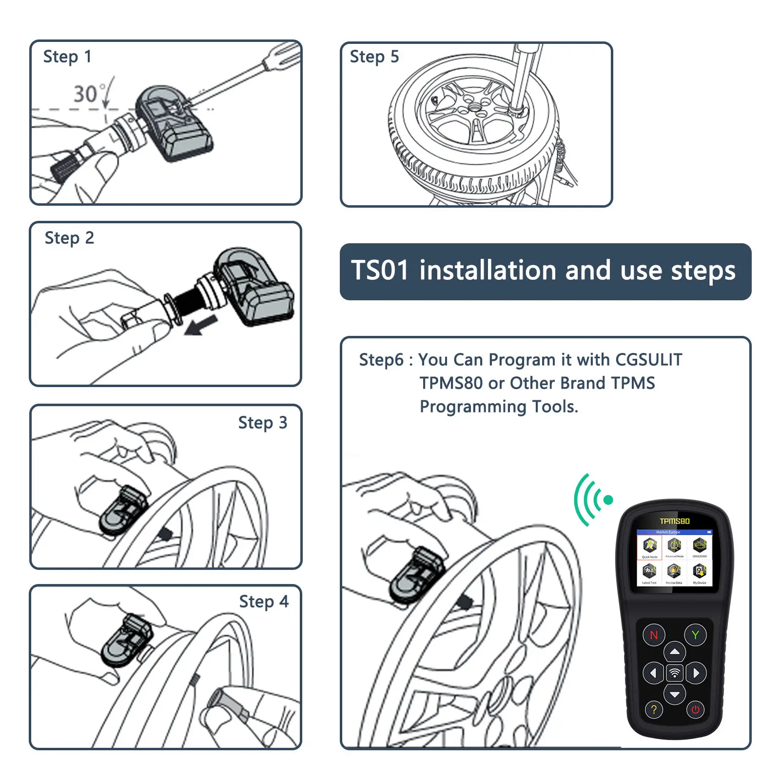 CGDI CGSULIT TS01 Universal Programmable TPMS Sensor 315MHz 433MHz 2in1 Cloneable Tire Pressure Sensor