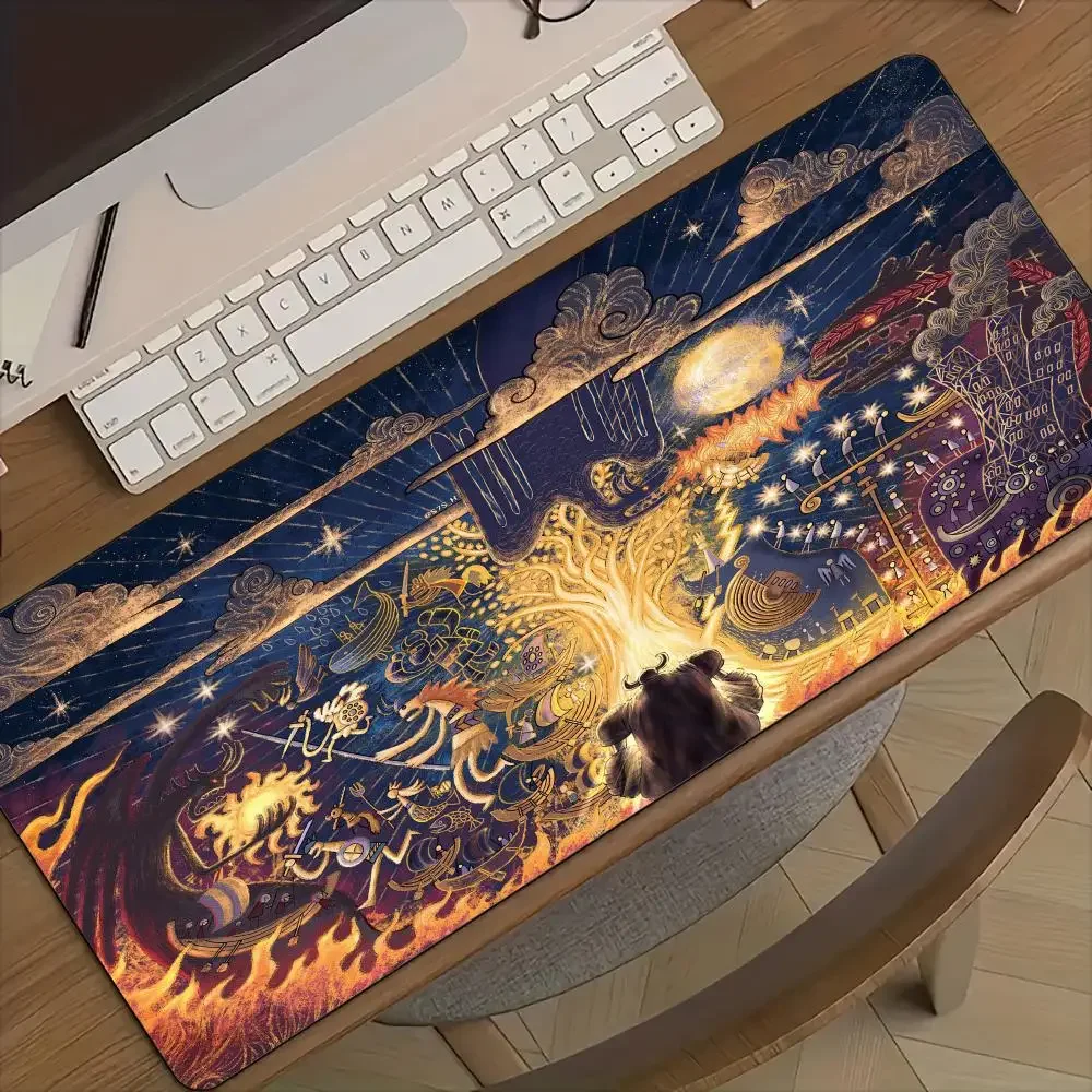 Magical Starry Fantasy Large Gaming Mouse Pad Vintage Celestial Fire Cloud Art Non‑Slip Rubber Extended Desk Mat for PC Laptop