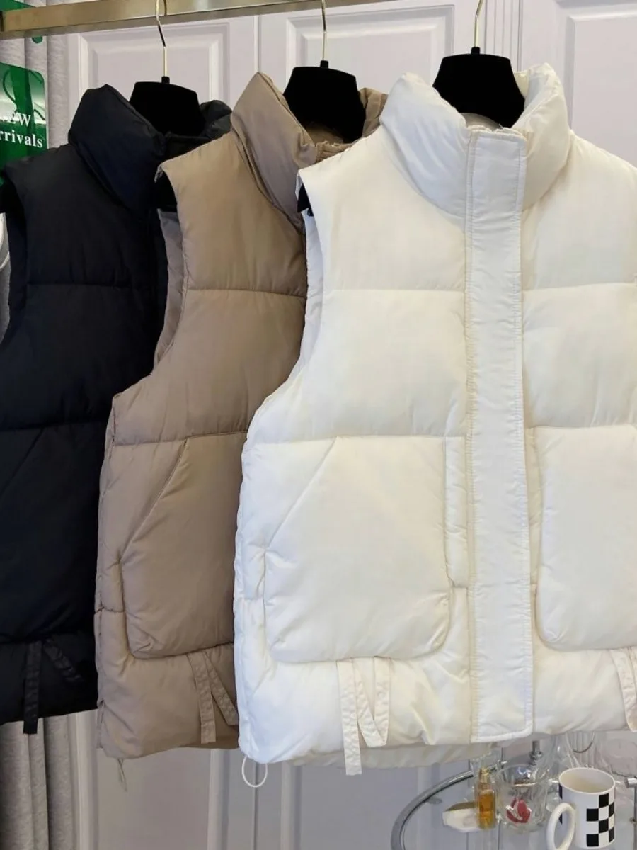 

Women's Casual Loose Oversize down Cotton Vest Stand Collar White Jaet Outerwear Trendy Small Size ket Detail