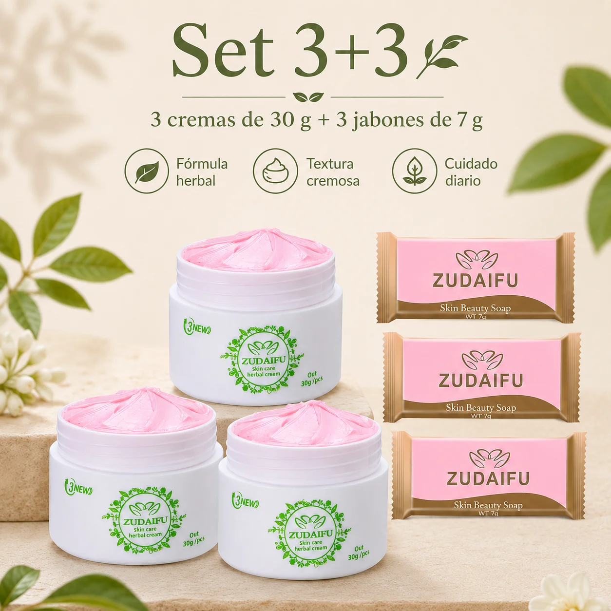 【2026 New】ZUDAIFU 3pcs Herbal Moisturizing Cream 30g + 3pcs Soap 7g, Daily Cleansing and Hydration Set