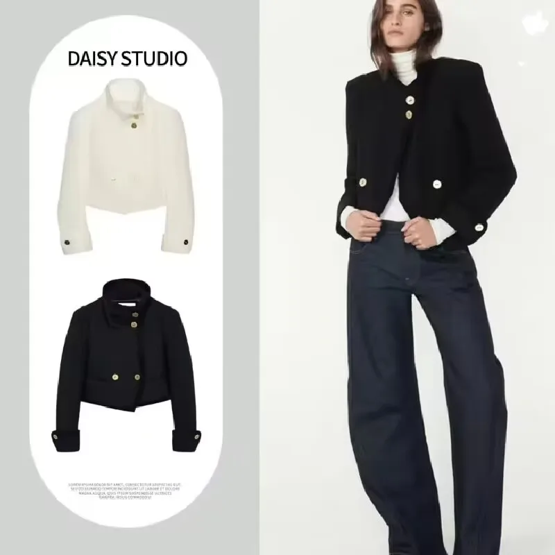 

Spring New Women's Long Sleeve Trendy Coat High Collar Black White Short Coat Standard Fit Commute Style Short Coat for Woman
