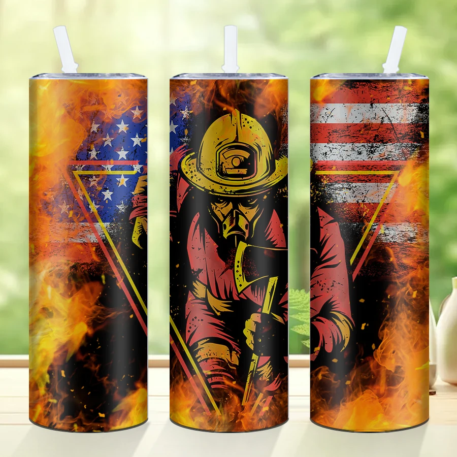 3D Print Firefighter American Flag Sublimation Stainless Steel Tumbler With Lid And Straw Skinny Water Bottle Suitable Gift