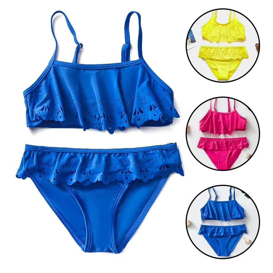 2022 Girls Two-pieces Swimsuit Ruffle Style Girls Swimwear Hollow Kids Children's Swimwear For 5-14years Girls Swimsuits 903