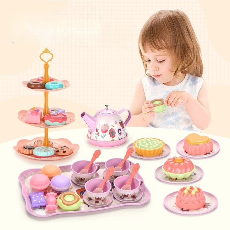 Kawaii Childrens Pretend Play Break Set Tea Set Afternoon Tea Party Cake Dessert Birthday Gifts Girl Toys for Kids 2-4 Years Old