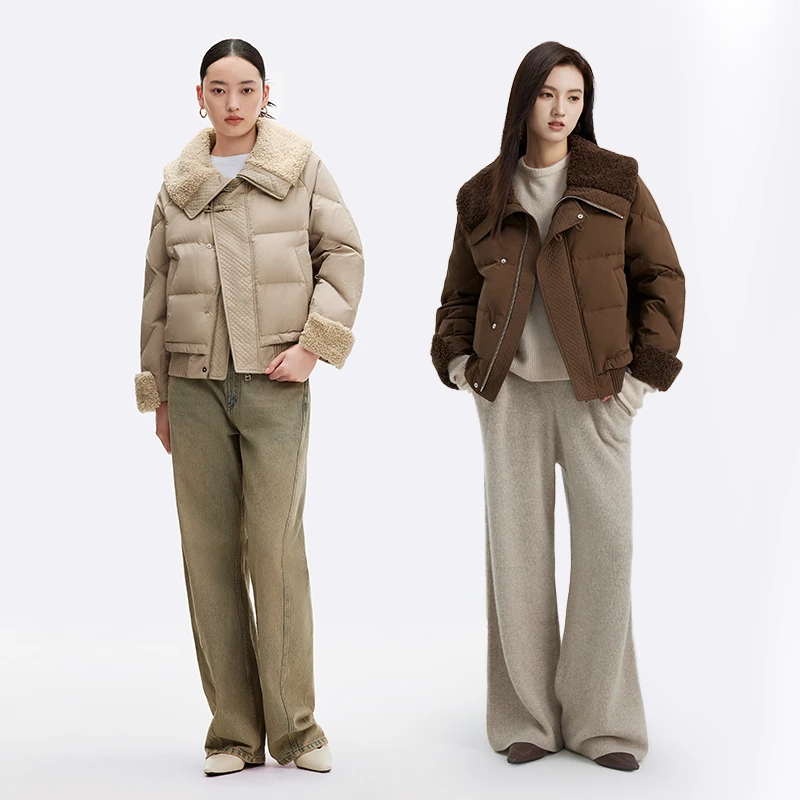 Chericom Women's Winter Down Jacket Short Faux Shearling Collar and Cuffs Quilted Panel Zipper Closure Padding Coats Y299129Y