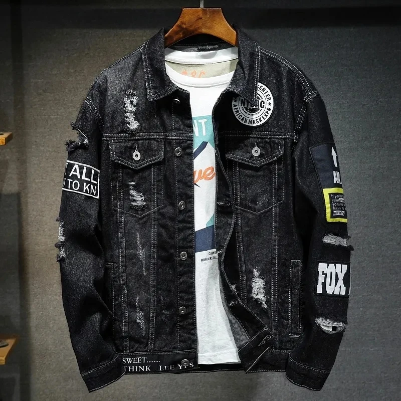 Męska marka kurtka dżinsowa Streetwear Punk motocykl zgrywanie drukuj kowbojskie płaszcze wysokiej jakości Casual Hole luźne męskie dżinsy znosić