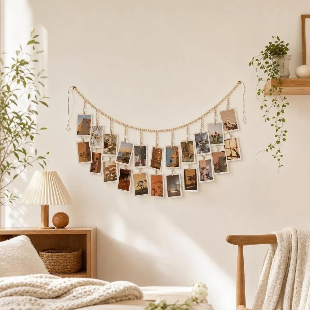 Nordic Style Hanging Photo Display Minimalist Decorative Picture Hanging String DIY Wooden Bead Garland Wall Hanging Photo Clip