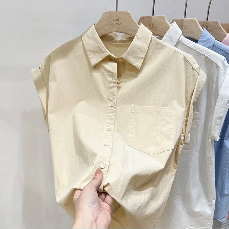 Office Lady Polo Neck Loose Blouse Summer New Short Sleeve Solid Color Button Casual Shirt Tops Vintage Fashion Women Clothing