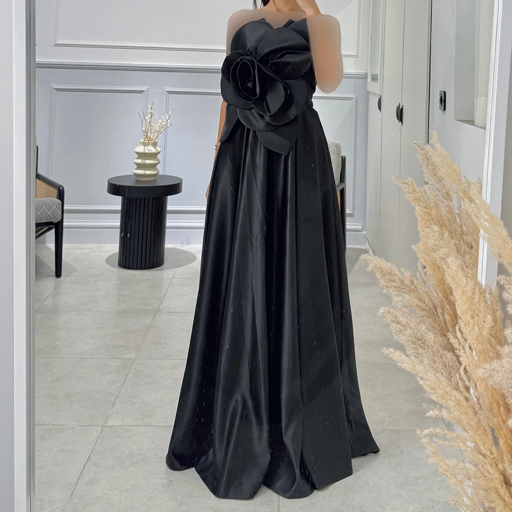 

Customized A-line Evening Dresses Floor-length Strapless Sleeveless Prom Gown Fashion Flowers Simple Draped Backless Party Gown