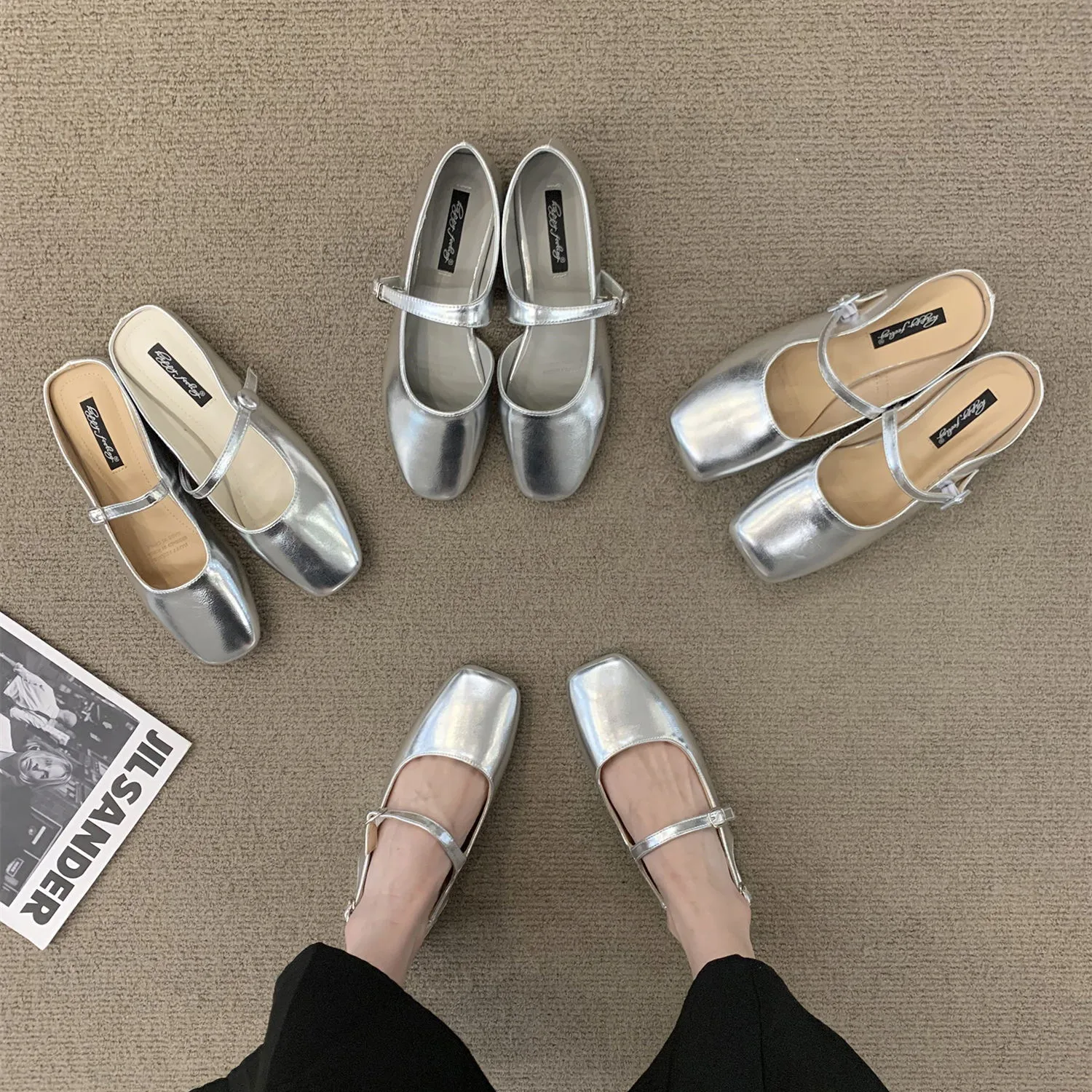 Bailamos Women Fashing Silver Slippers Ballet Flats Shoes Square Toe Shallow Slip On Ladies Sandals Soft Slides Zapatos Mujer 40