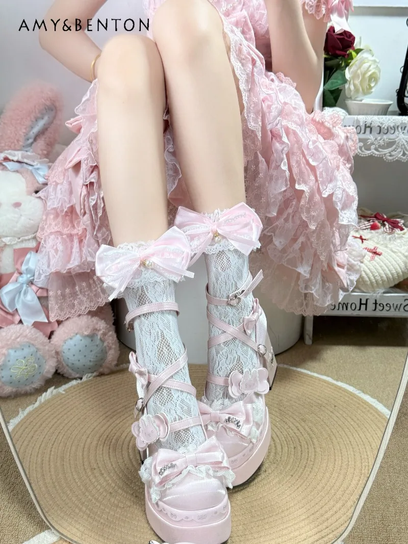 

Pink Bow Lace Printed Lolita Style Socks White Mesh Ankle Socks with Pearl Bow Kawaii Sweet Girl Style Jk Stockings