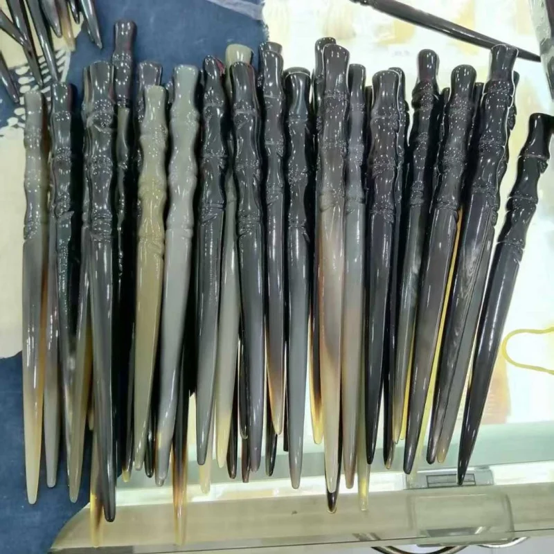 

Yak ink painting hairpin, simple hair accessory, ancient style headpiece, black floral red pattern, ice blue colorful horn