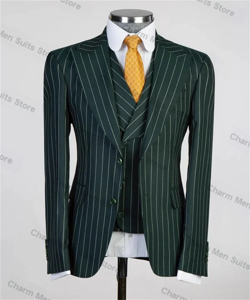 

Pinstripe Green Men Suits Set Custom Size 3 Piece Blazer+Vest+Pants Cotton Jacket Office Formal Groom Wedding Tuxedo Prom Coat