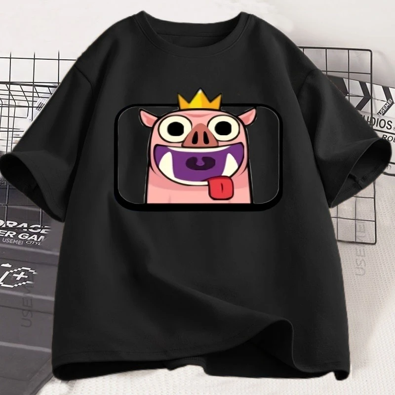 خنزير مع تاج Emote Clash Royale الجرافيك تي شيرت عادية القطن قصير الأكمام جولة الرقبة التي شيرت الرجال النساء لطيف قصيرة الأكمام المحملة