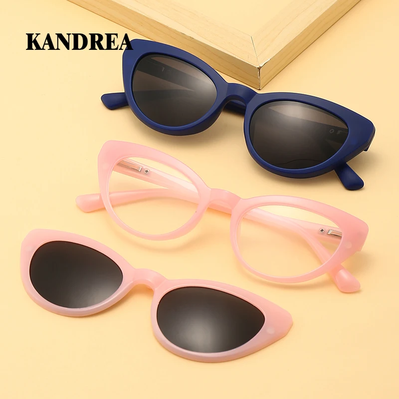 

KANDREA Cateye Vintage Glasses Frame 2 In 1 Custom Women Polarized Optical Magnetic Sunglasses Magnet Clip on Sunglasses 2351d