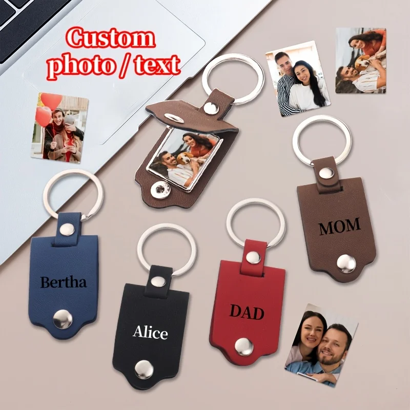 Personalized Leather Photo Frame Keychain with Custom Photo & Text Insert, Perfect PU Leather Keepsake Gifts for Family Friends