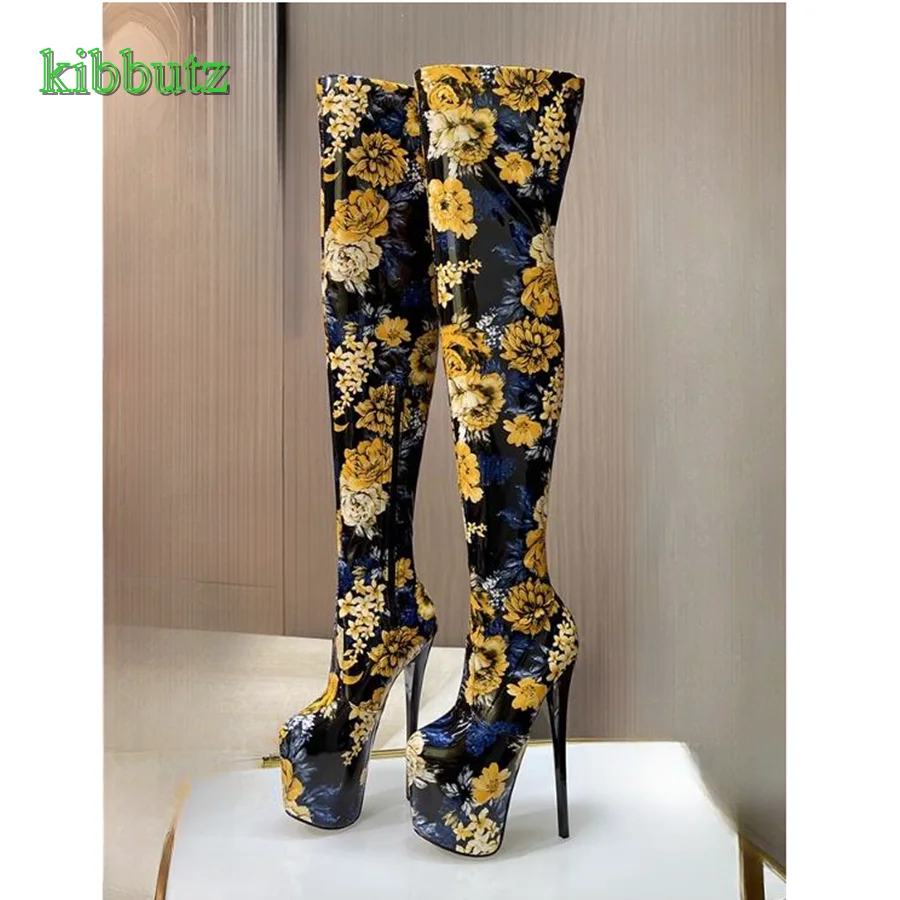 Floral Print Patent Leather Over The Knee Boots,High Water Platform Stiletto Women Shoes Autumn Long Boots Heels 2023 Plus Size