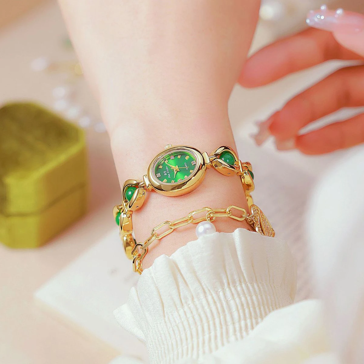 Green Jade Jadeite Jewelry Watches For Women Gold Bracelet Quartz Watch 2024 New Ladies Vintage Dress Watch