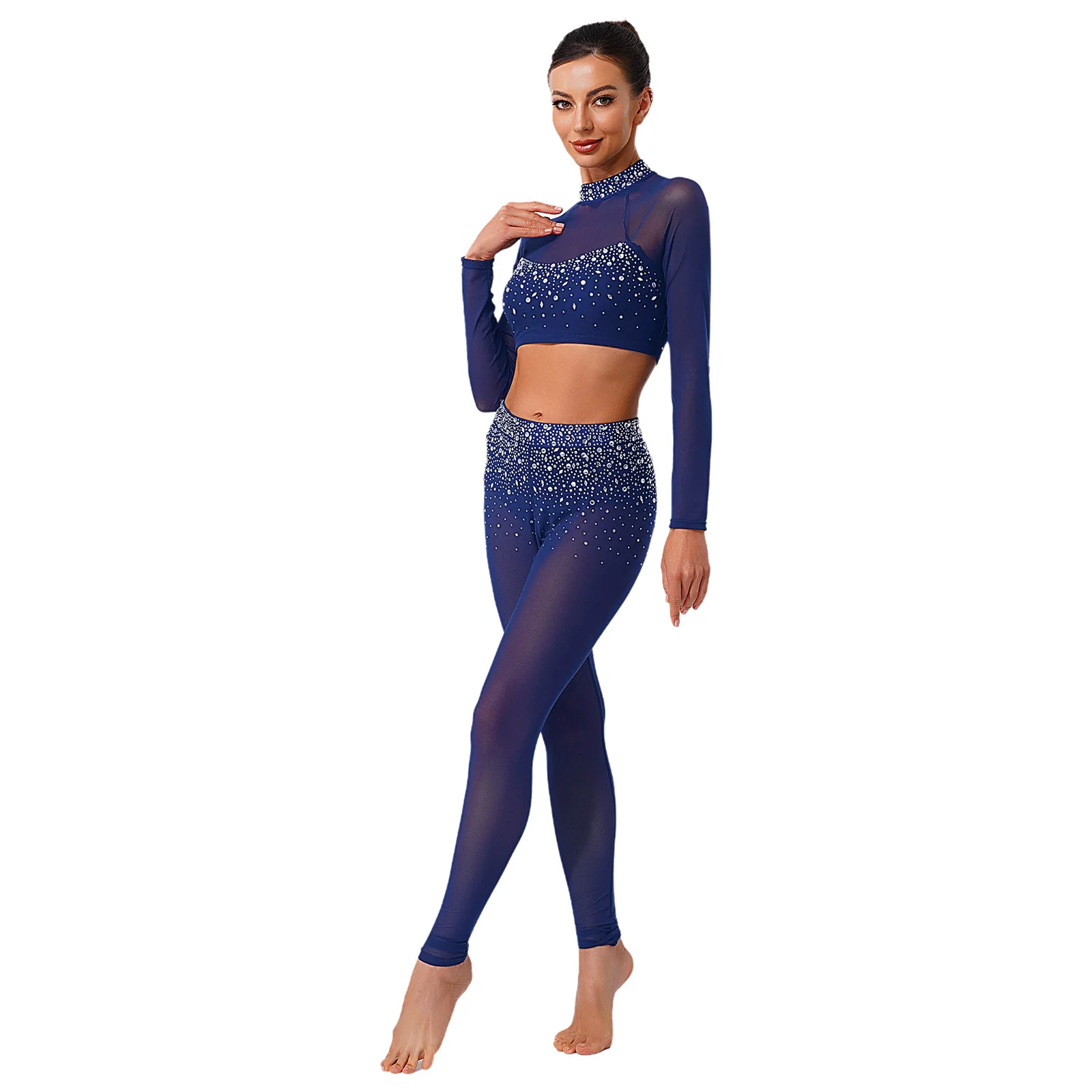 

Women Modern Figure Skating Dance Outfit Long Sleeve Tops+built-in Briefs Leggings Tights Dancewear for Latin Gymnastics Workout