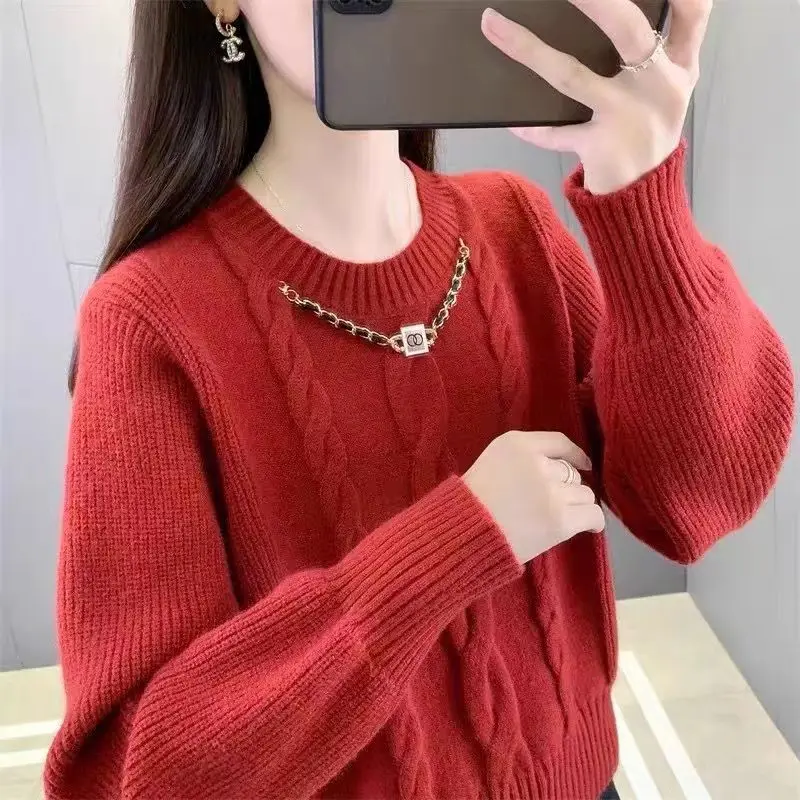 Herbst und Winter Frauen solide O-Ausschnitt lange Ärmel lose dicke Pullover Schraube Gewinde kette koreanische Mode All-Match-Tops