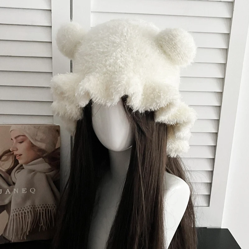 Niedliche, kleine Mütze mit Bärenohren und Spitze, aus weichem Plüsch, ideal als Pullovermütze für den Winter, zum Schutz der Ohren, gestrickte Beanie-Mütze, weiche Strickmütze für Damen. – Detail 3