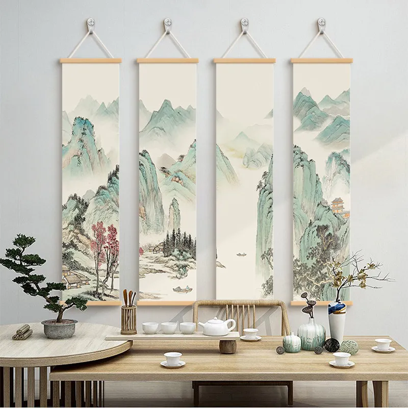 Wall Art Azure Mountains and Winding Rivers Chinoiserie Pearlescent Canvas Hanging Scroll with Wooden Rods for Study Tea Room