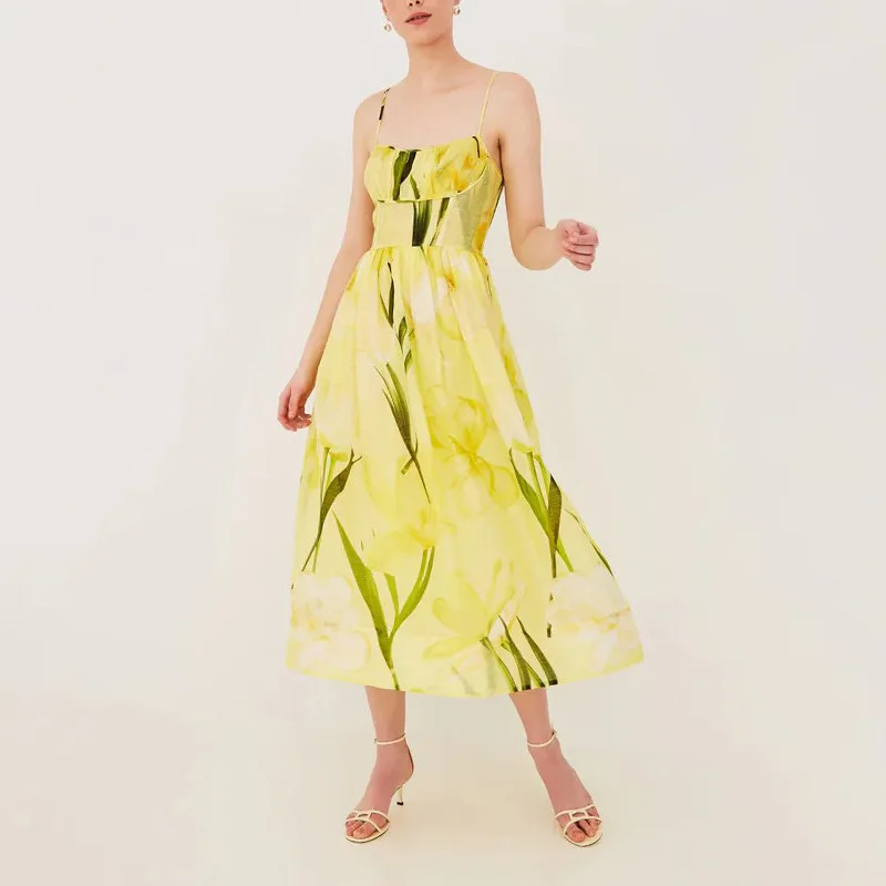 

2026 Spring Summer Women's Print Dress Square Neck Sleeveless Patchwork Spaghetti Strap Long Dresses Slim Bohemian Holiday Dress