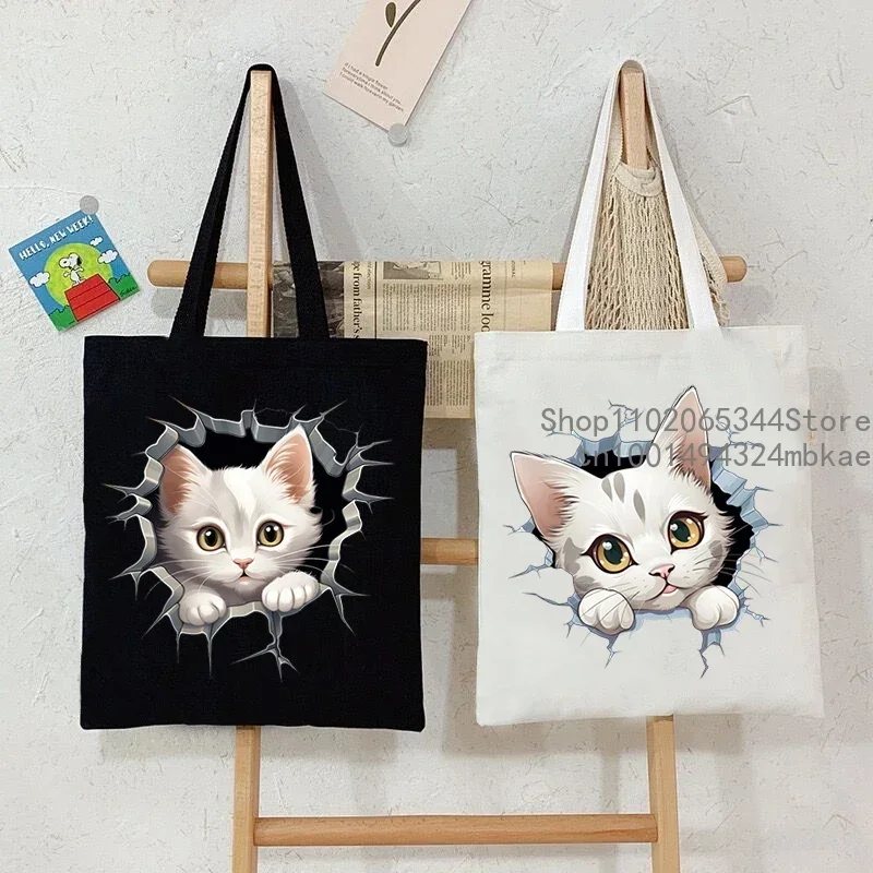 Cartoon 3D Cat Print Women Handbag Fashion Anime Animal Tote Bag High-capacity Reusable Shopping Bag Kitten Design Canvas Bags