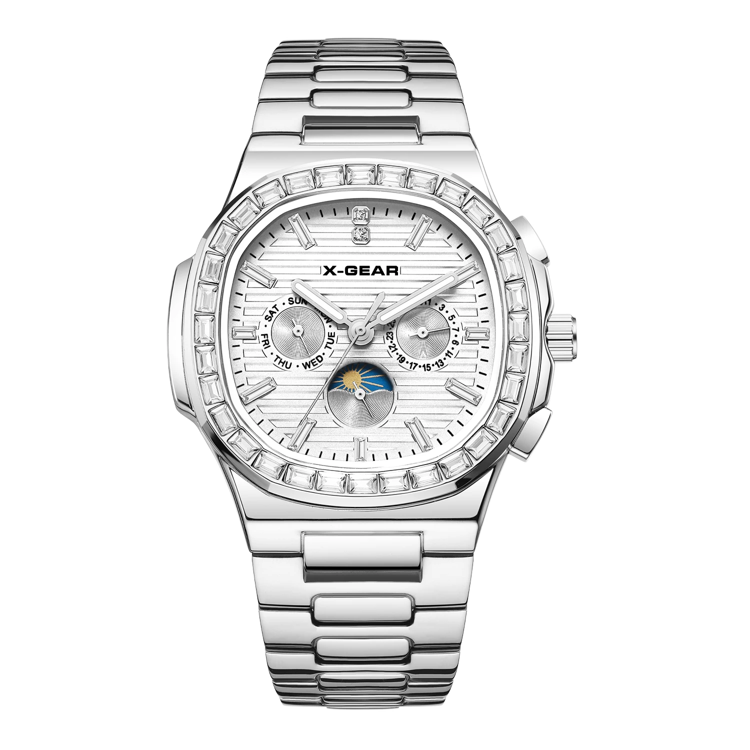ساعة X-GEAR للرجال ساعات آلية أوتوماتيكية حزام فولاذي مقاوم للماء مرحلة القمر ساعة اليد التقويم الأسبوعي