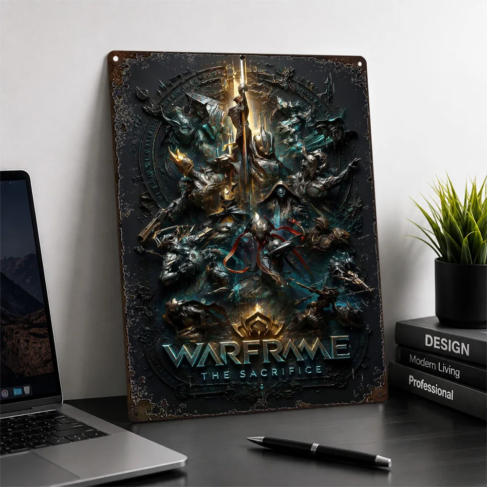 Warframe The Sacrifice Emblem Printed Poster Ornamental Wall Art For Bedroom Customized Aluminum Metal Sign Video Game Fan Gift
