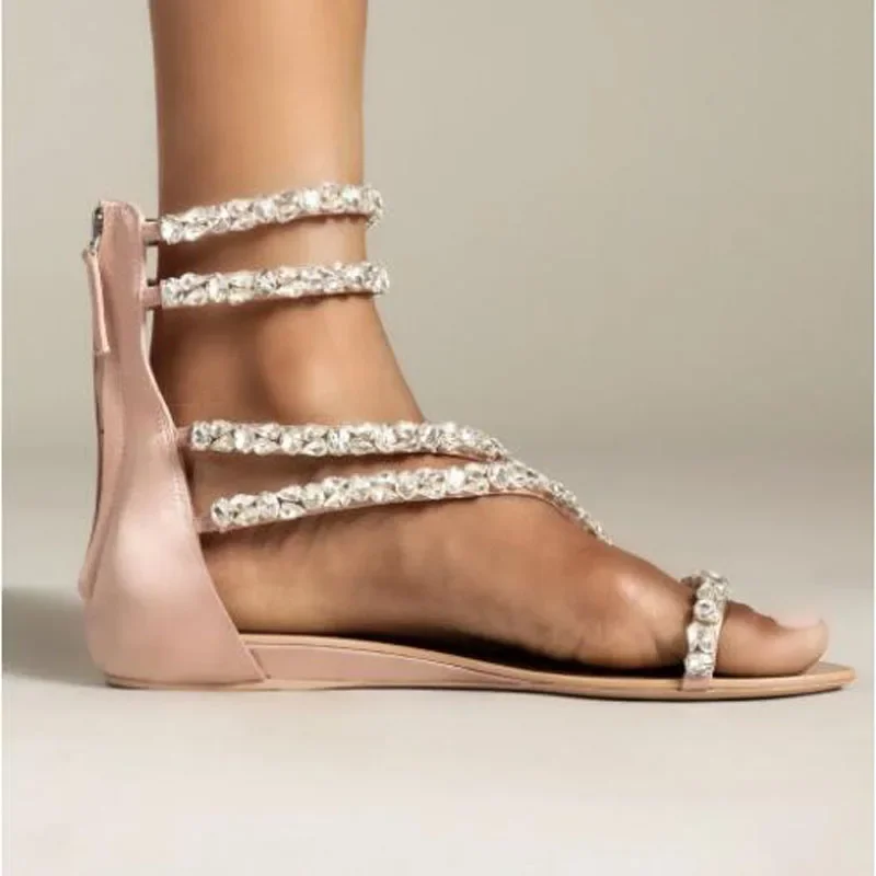 Bling Crystal Rhinestone Chain Hot Drill Apricot Black Silk Cover Heel Zipper Back Flat Summer Sandals Women Leisure Beach Shoes