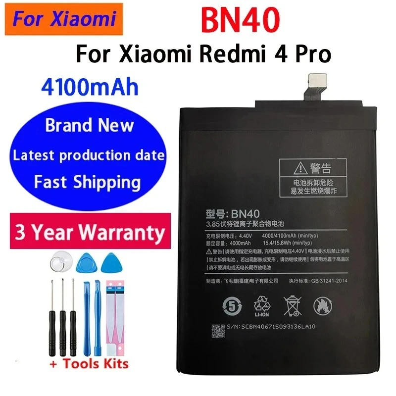 High Quality 4100mAh Battery BN40 For Xiaomi Redmi 4Pro Prime 3G RAM 32G ROM Phone Replacement Batteries Bateria Batterij+Tools