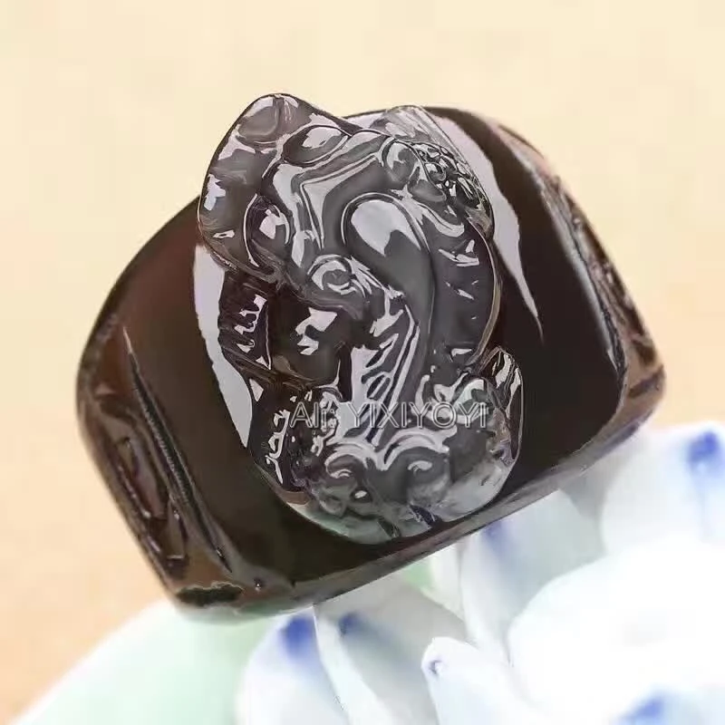 Unique Natural Ice Colors Obsidian Carved Chinese PiXiu Lucky Thumb Ring Vintage Man's Rings Trendy Gifts Jewelry 20 inner