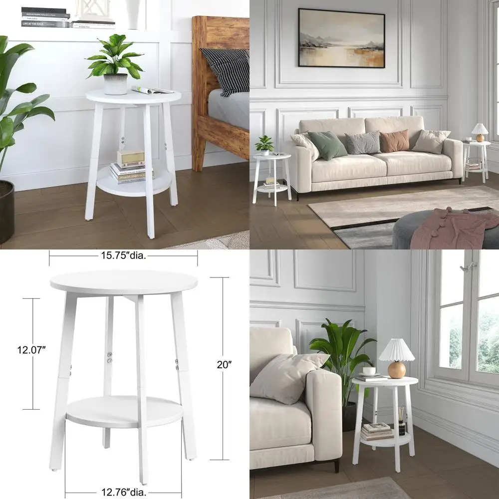 

Pair of Compact Round Side Tables with Storage Shelf, 2-Tier Nightstands for Living Room and Bedroom, White