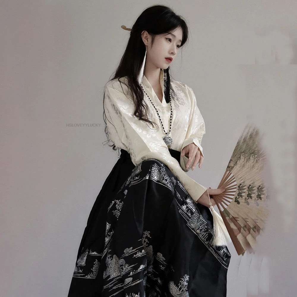 

Vintage Women Chinese Traditional Hanfu Cardigan Pleated Mamian Skirt Chinese Hanfu Shirt Horse Face Skirt Set Women Daily Hnfu