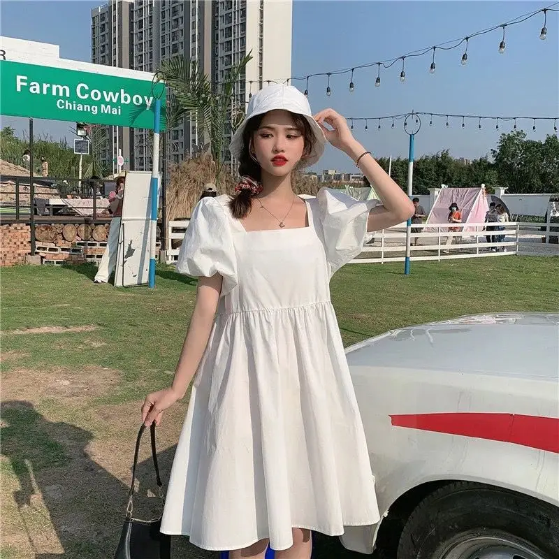 French Vintage Chic Puff Sleeves Mini Dress New Square Collar Loose Doll Off Shoulder Dresses Trendy Korea Sweet Women Clothing