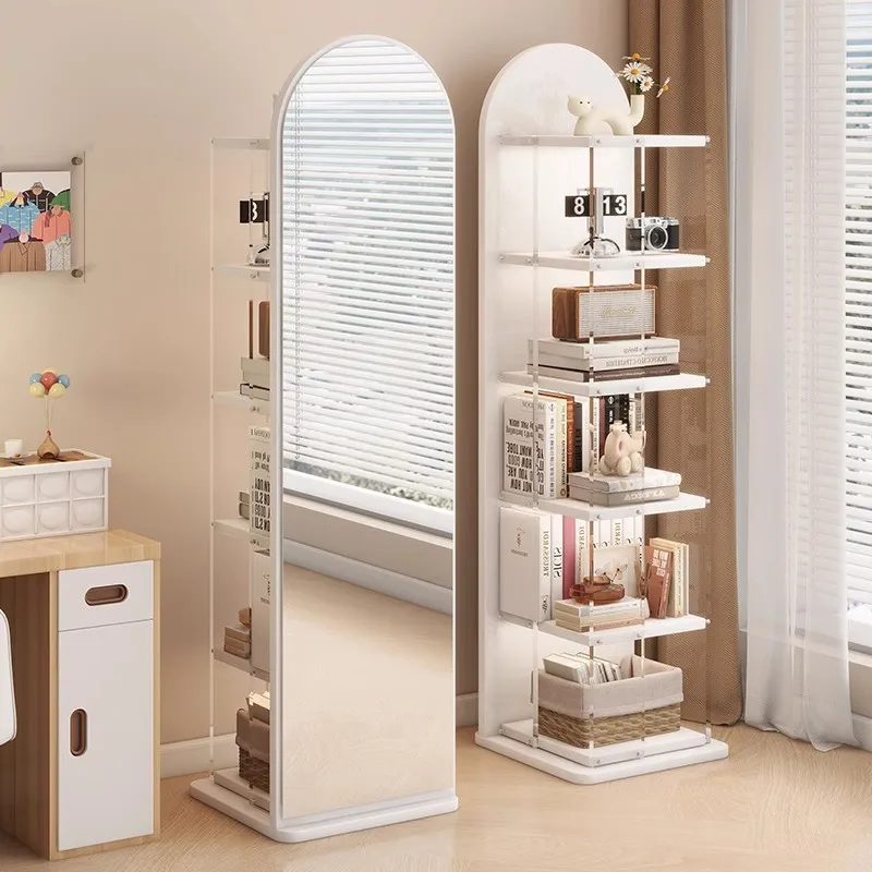 Solid wood full-body mirror floor mirror household bedroom rotatable large fitting mirror with bookshelf integrated full-length